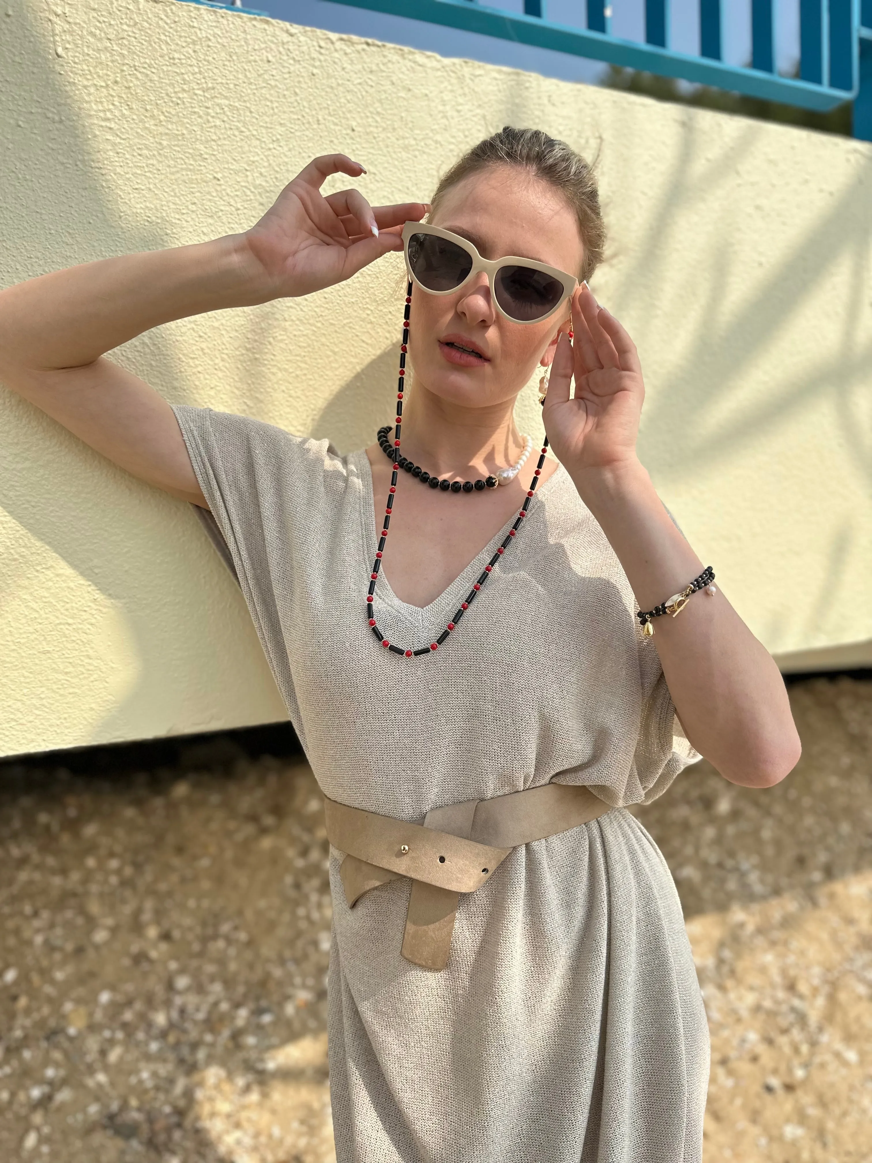 Black Obsidian With Red Coral Multi-Way Sunglasses Chain EC005