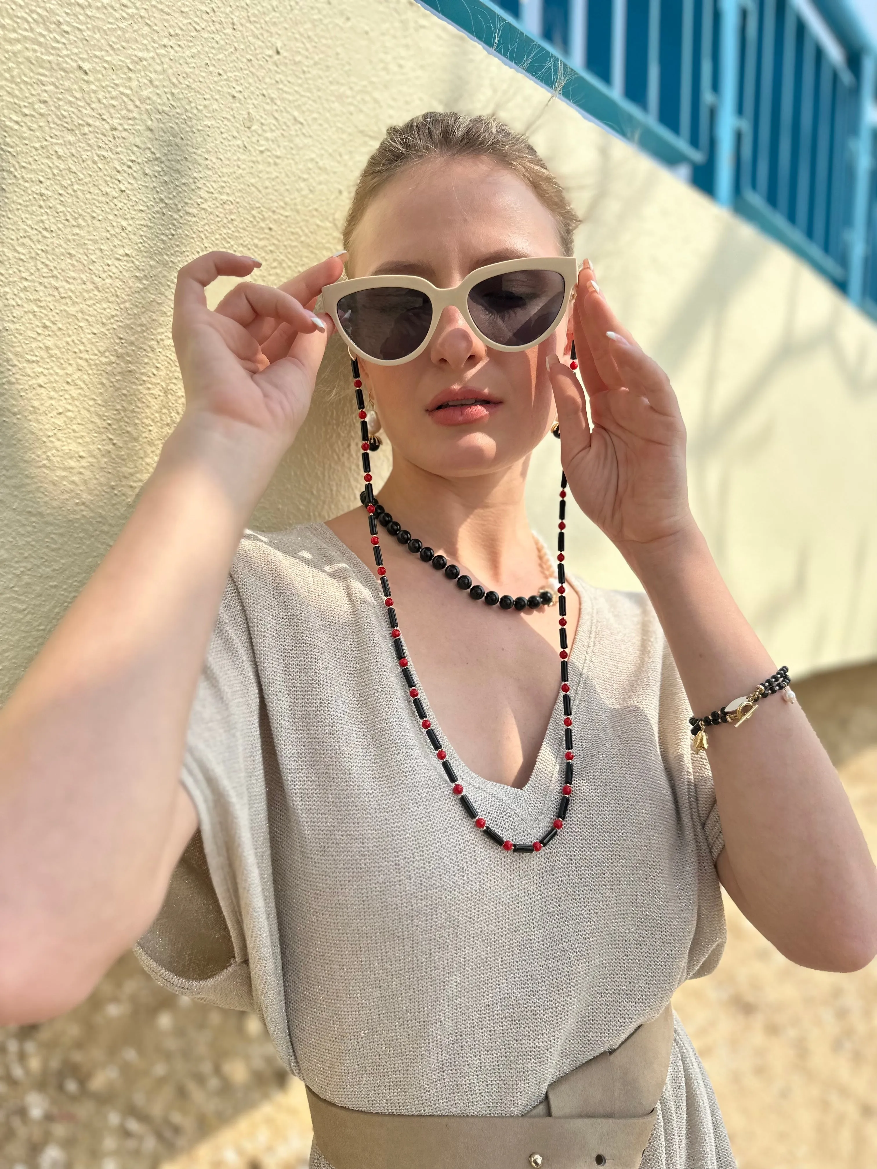 Black Obsidian With Red Coral Multi-Way Sunglasses Chain EC005