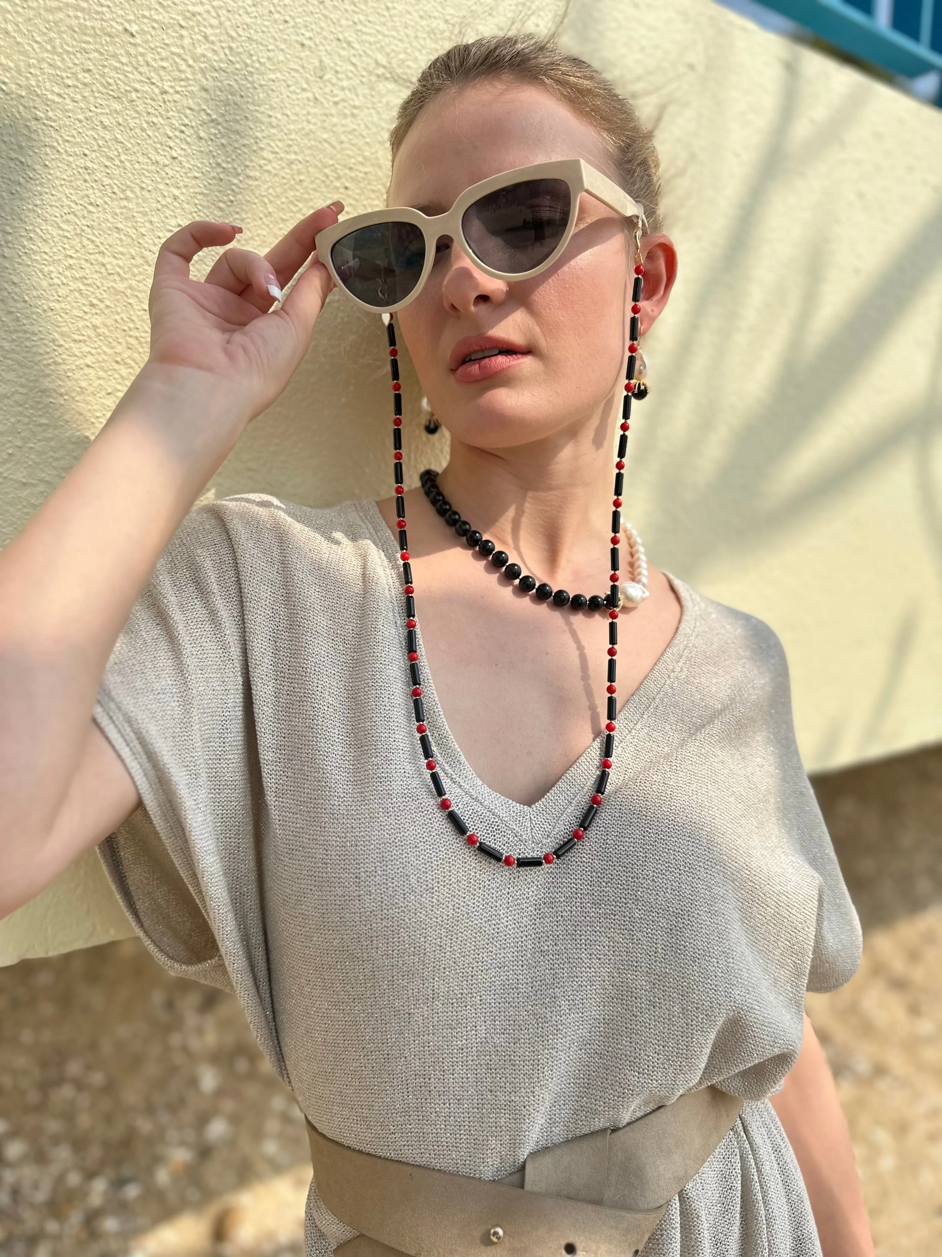 Black Obsidian With Red Coral Multi-Way Sunglasses Chain EC005