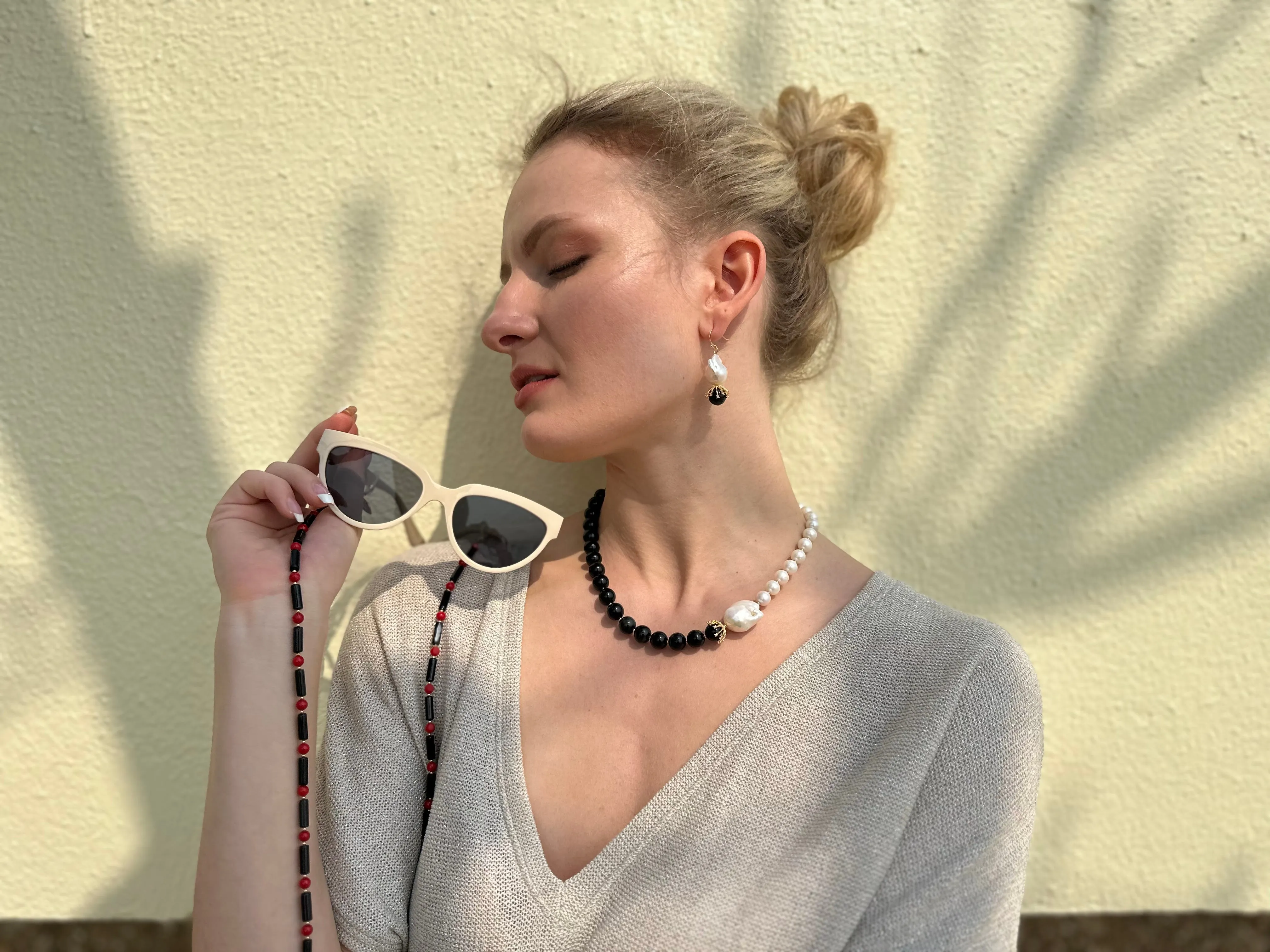 Black Obsidian With Red Coral Multi-Way Sunglasses Chain EC005