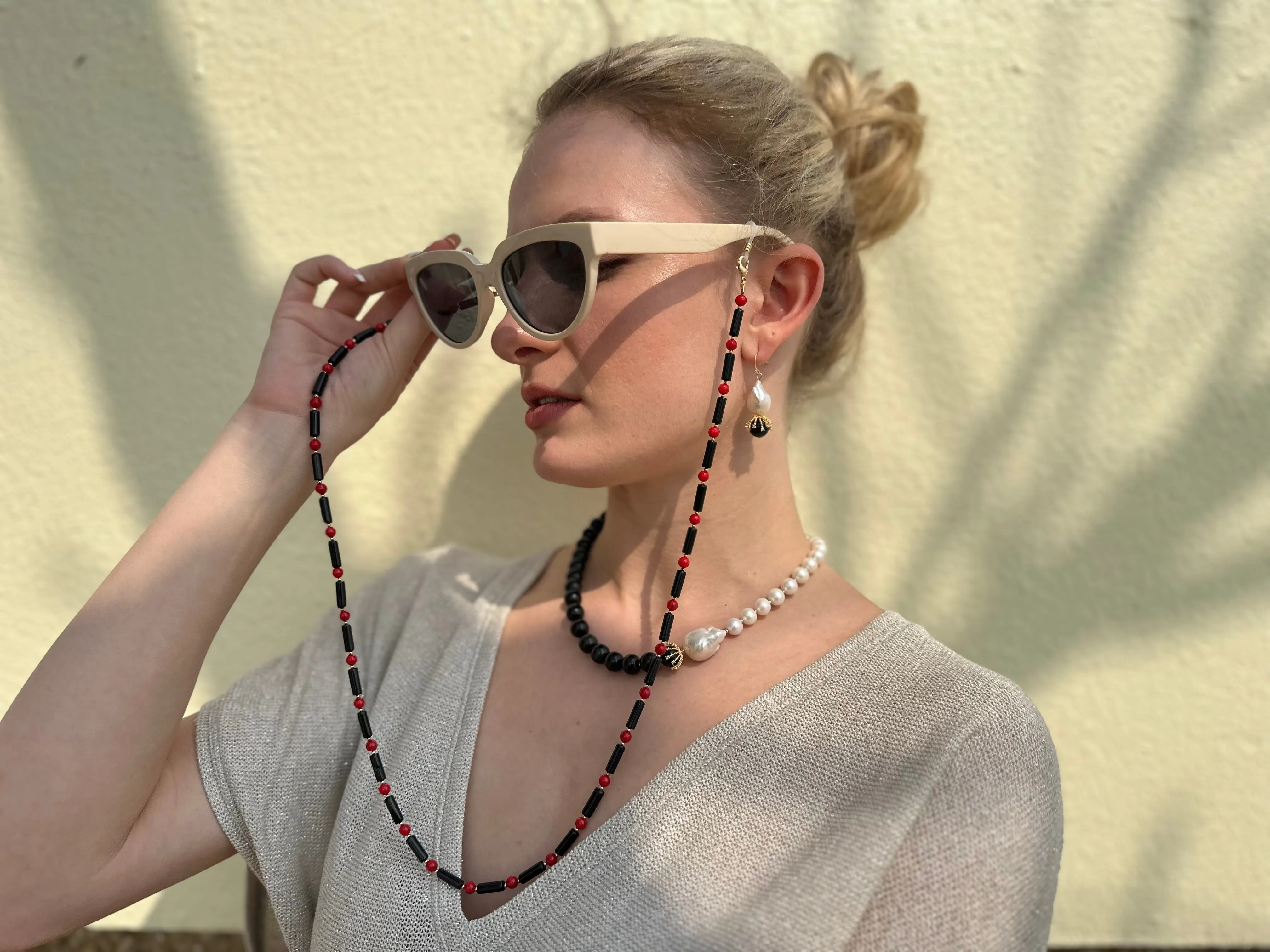 Black Obsidian With Red Coral Multi-Way Sunglasses Chain EC005