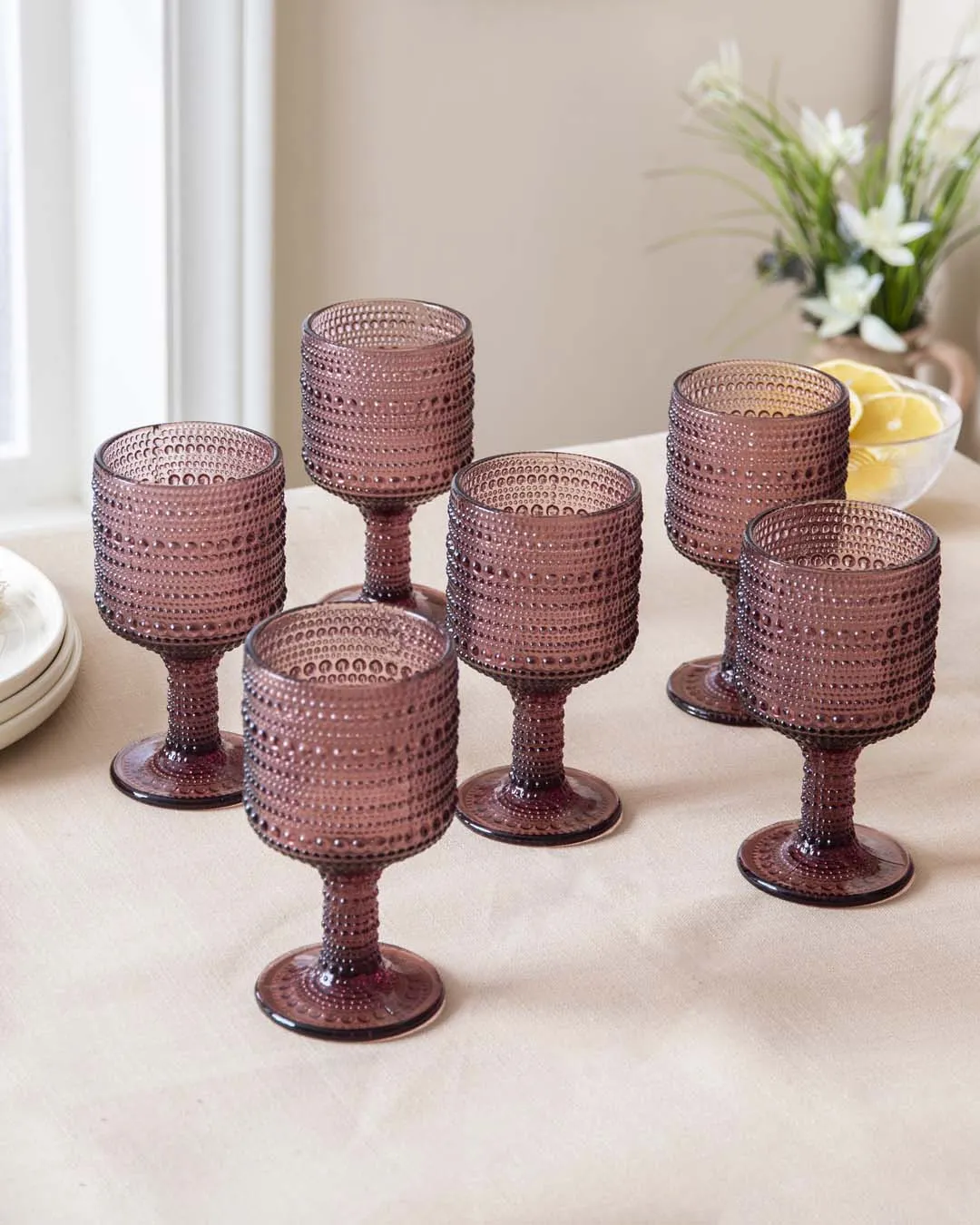 Bubble Embossed Goblet Glass Purple - Set of 6