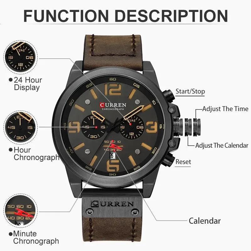 CURREN Watches Men’s Waterproof Sport Wrist Watch Chronograph Military Genuine Leather Relogio Masculino