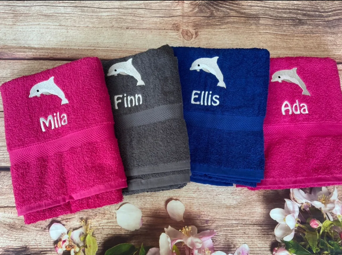 Embroidered Personalised Swimming, beach or Sports Towel. Ideal gift - Dolphin