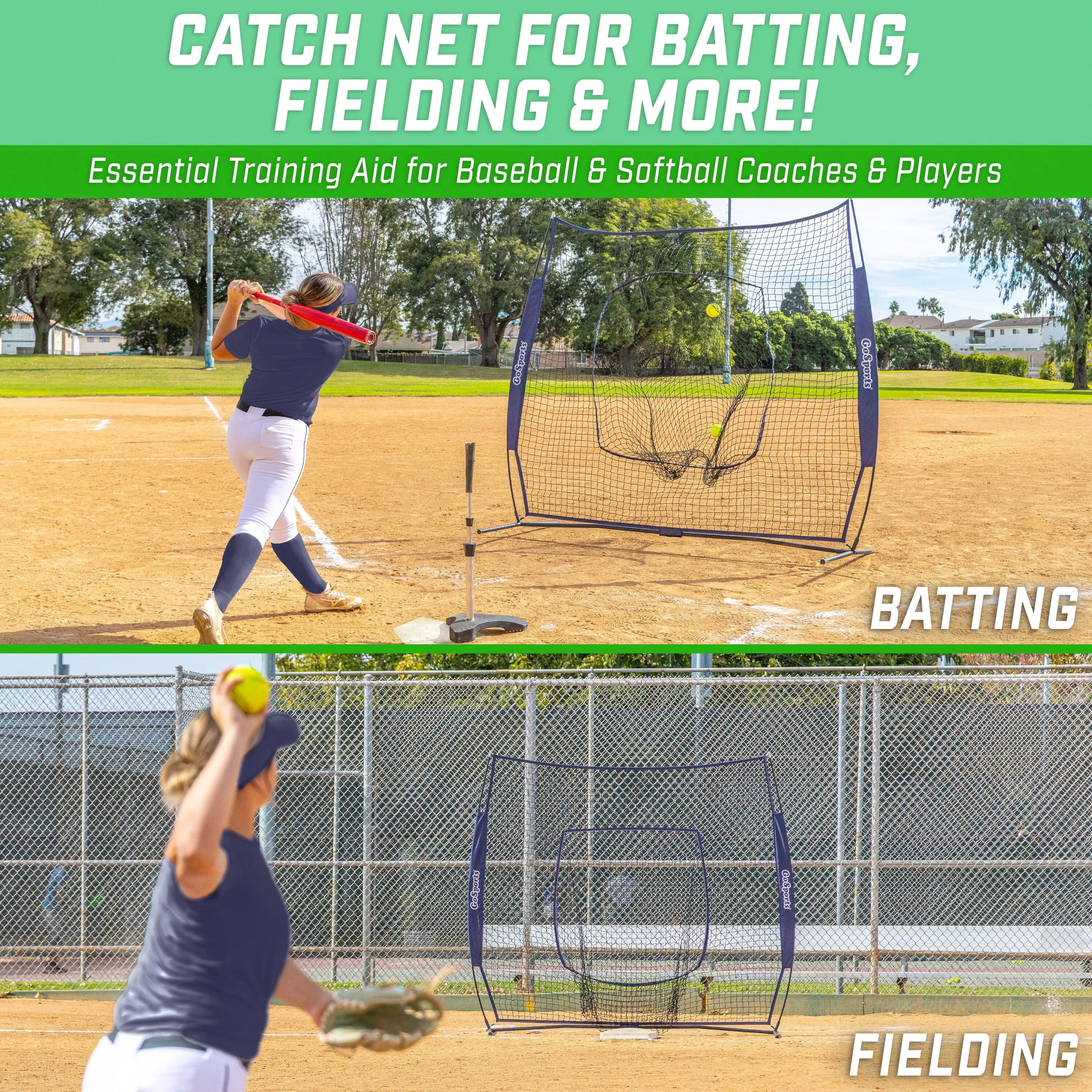 GoSports Team Tone 7 ft x 7 ft Baseball & Softball Practice Hitting & Pitching Net in Team Colors - Navy