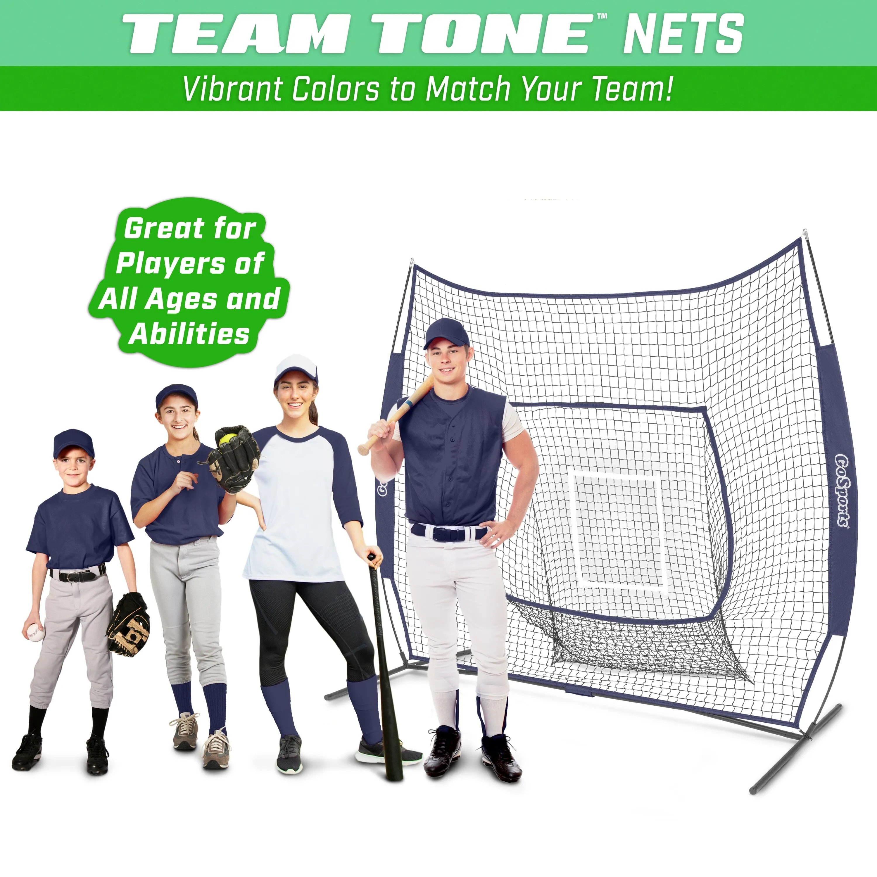 GoSports Team Tone 7 ft x 7 ft Baseball & Softball Practice Hitting & Pitching Net in Team Colors - Navy