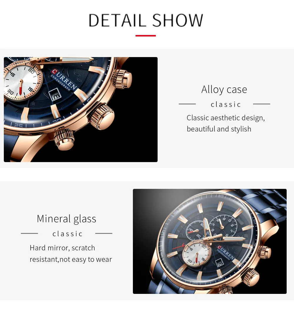 Luxury Mens Watches CURREN Stainless Steel Multi-function Chronograph Quartz Wristwatch Relogio Masculino