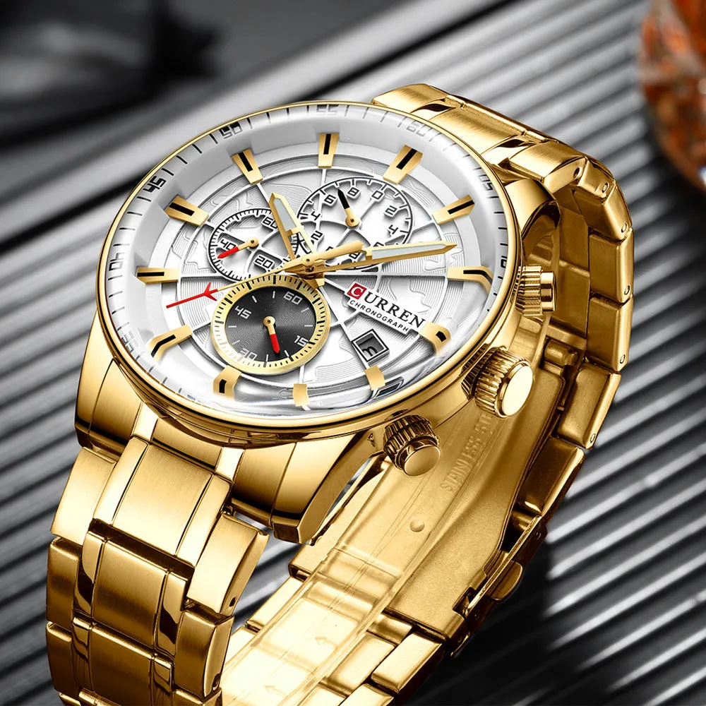 Luxury Mens Watches CURREN Stainless Steel Multi-function Chronograph Quartz Wristwatch Relogio Masculino