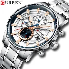 Luxury Mens Watches CURREN Stainless Steel Multi-function Chronograph Quartz Wristwatch Relogio Masculino