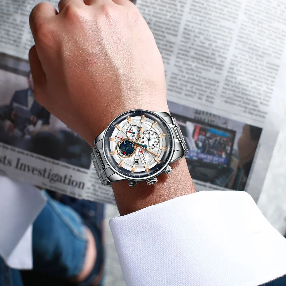 Luxury Mens Watches CURREN Stainless Steel Multi-function Chronograph Quartz Wristwatch Relogio Masculino