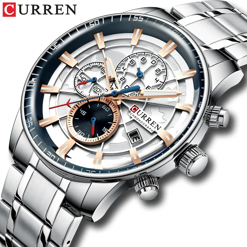 Luxury Mens Watches CURREN Stainless Steel Multi-function Chronograph Quartz Wristwatch Relogio Masculino