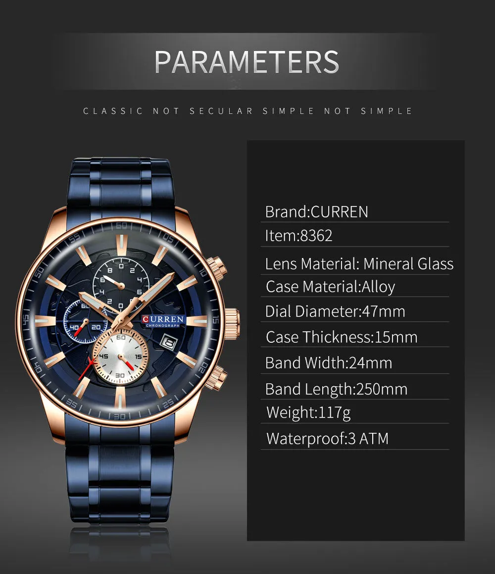 Luxury Mens Watches CURREN Stainless Steel Multi-function Chronograph Quartz Wristwatch Relogio Masculino
