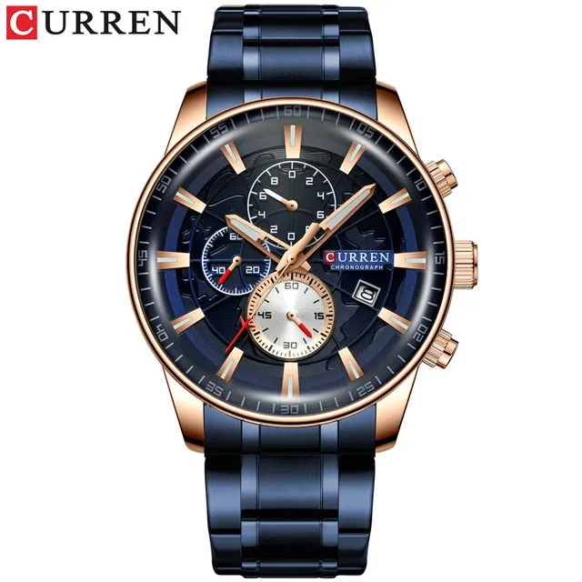 Luxury Mens Watches CURREN Stainless Steel Multi-function Chronograph Quartz Wristwatch Relogio Masculino