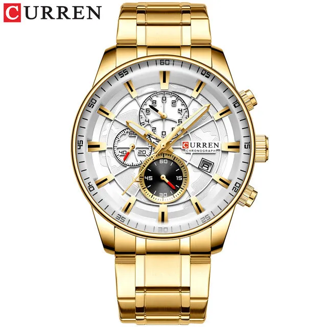 Luxury Mens Watches CURREN Stainless Steel Multi-function Chronograph Quartz Wristwatch Relogio Masculino