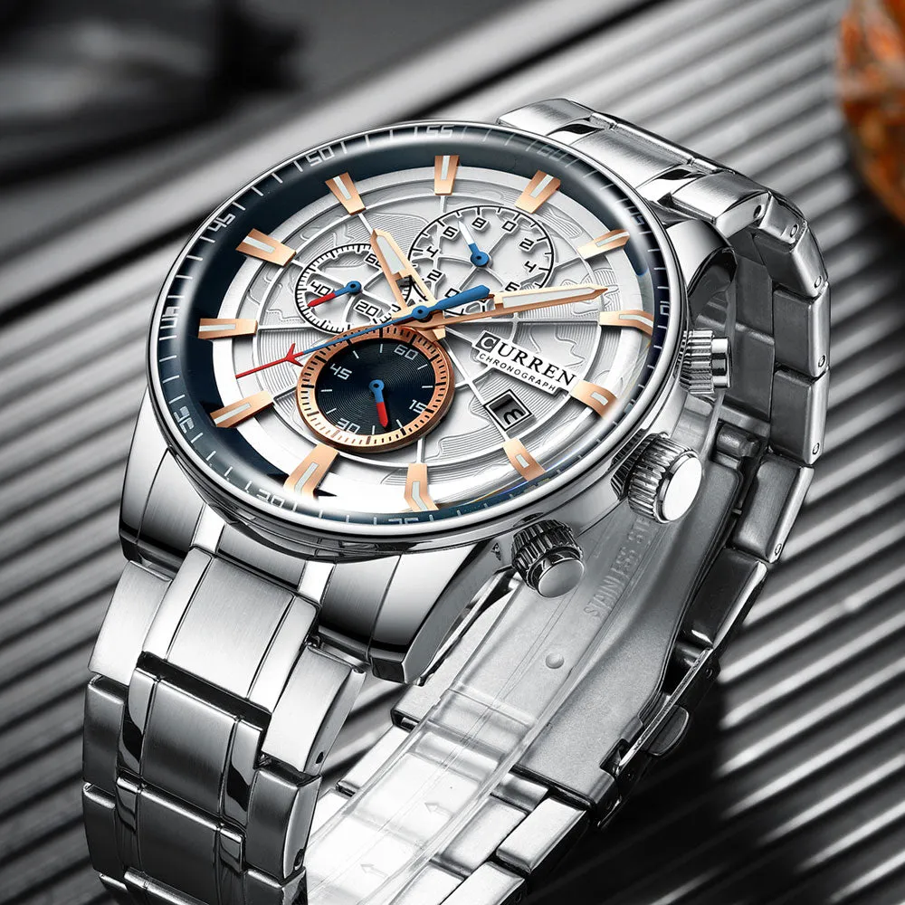 Luxury Mens Watches CURREN Stainless Steel Multi-function Chronograph Quartz Wristwatch Relogio Masculino