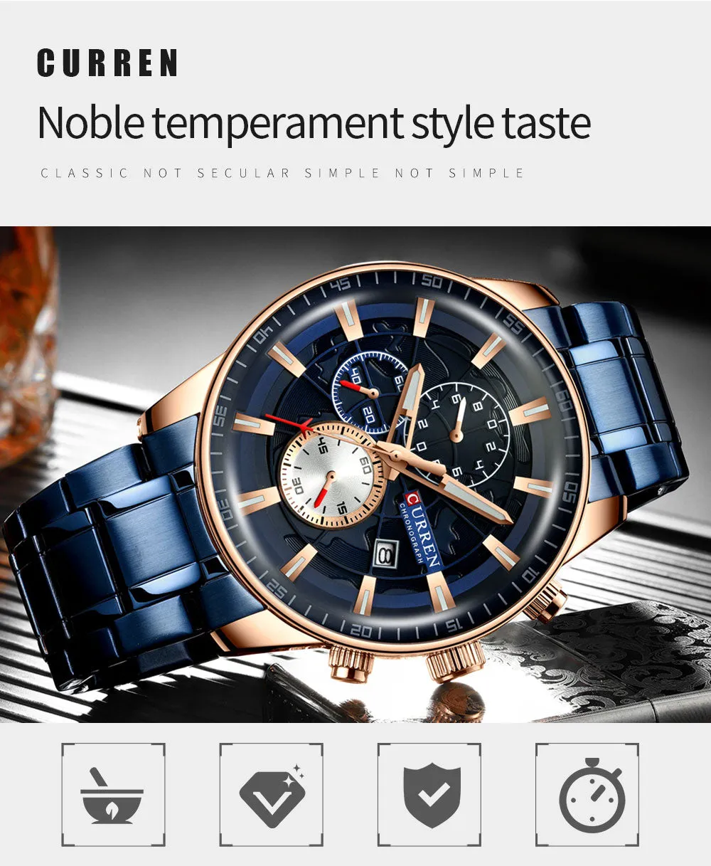 Luxury Mens Watches CURREN Stainless Steel Multi-function Chronograph Quartz Wristwatch Relogio Masculino