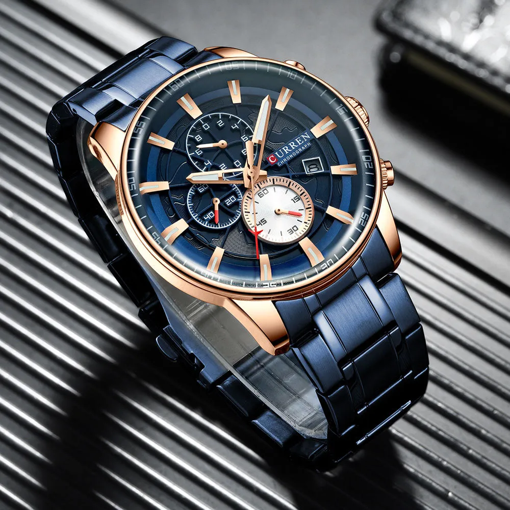 Luxury Mens Watches CURREN Stainless Steel Multi-function Chronograph Quartz Wristwatch Relogio Masculino