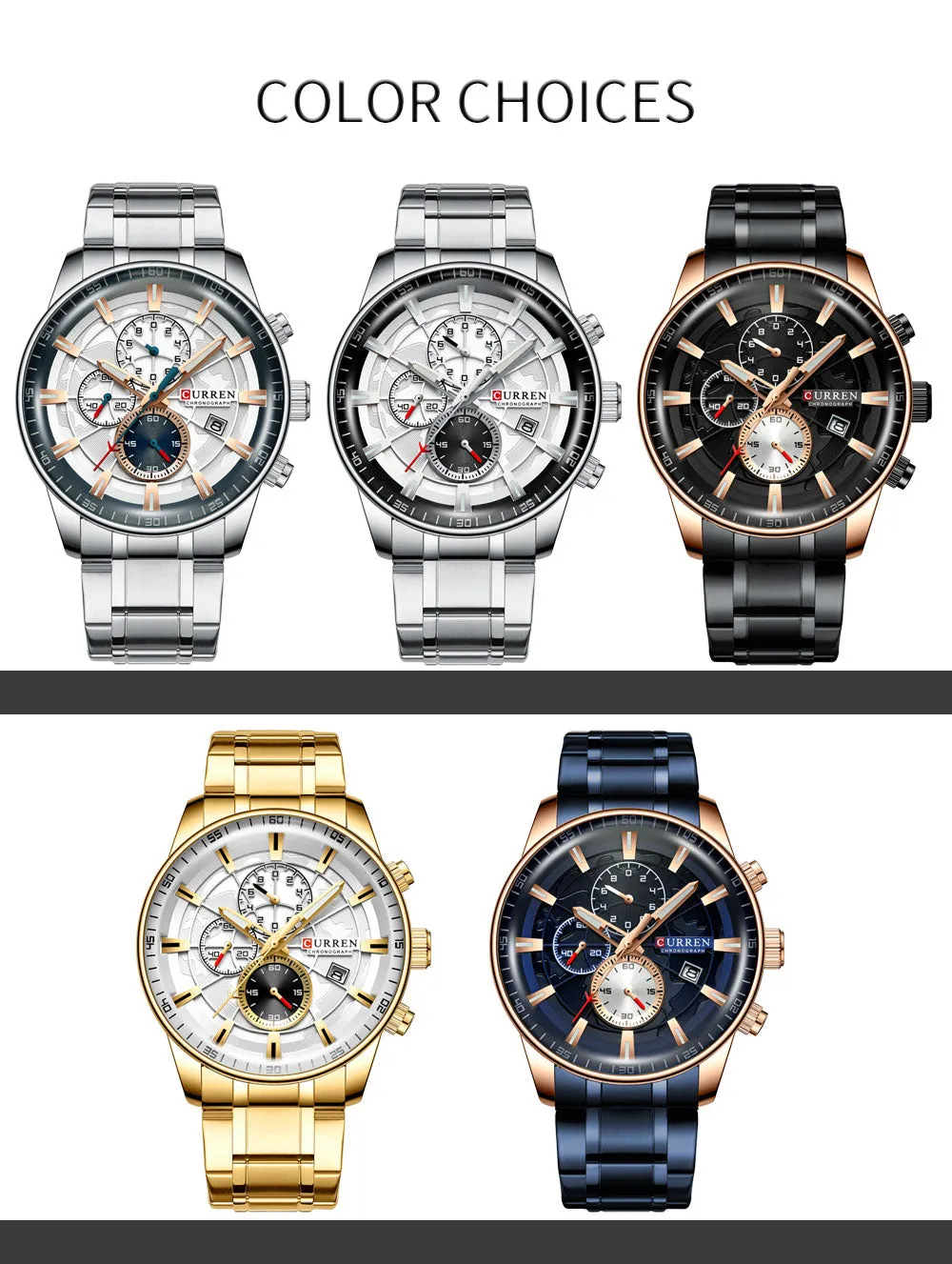 Luxury Mens Watches CURREN Stainless Steel Multi-function Chronograph Quartz Wristwatch Relogio Masculino