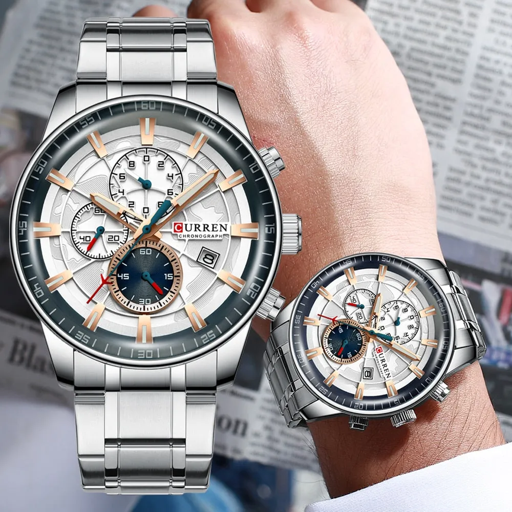 Luxury Mens Watches CURREN Stainless Steel Multi-function Chronograph Quartz Wristwatch Relogio Masculino