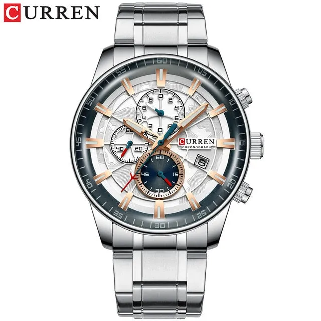 Luxury Mens Watches CURREN Stainless Steel Multi-function Chronograph Quartz Wristwatch Relogio Masculino