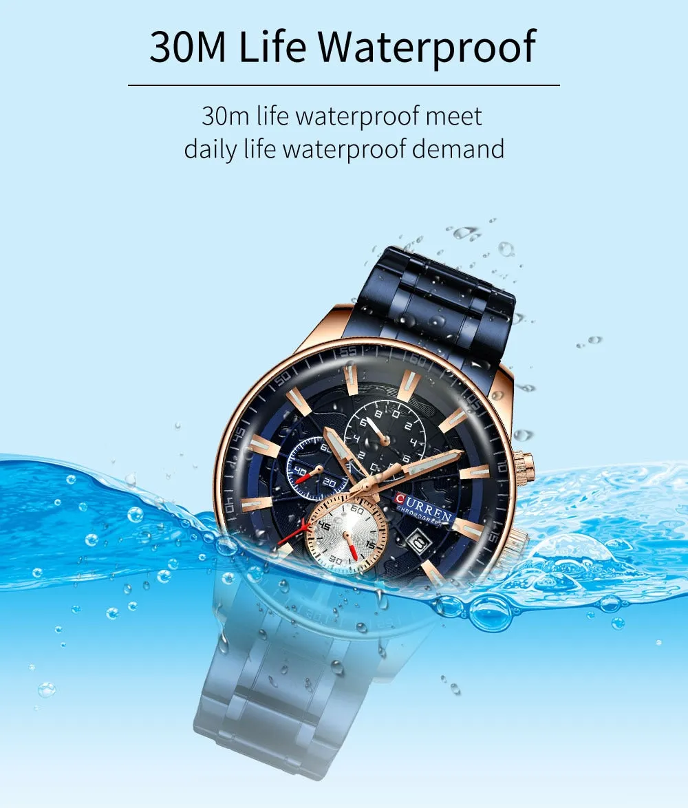 Luxury Mens Watches CURREN Stainless Steel Multi-function Chronograph Quartz Wristwatch Relogio Masculino