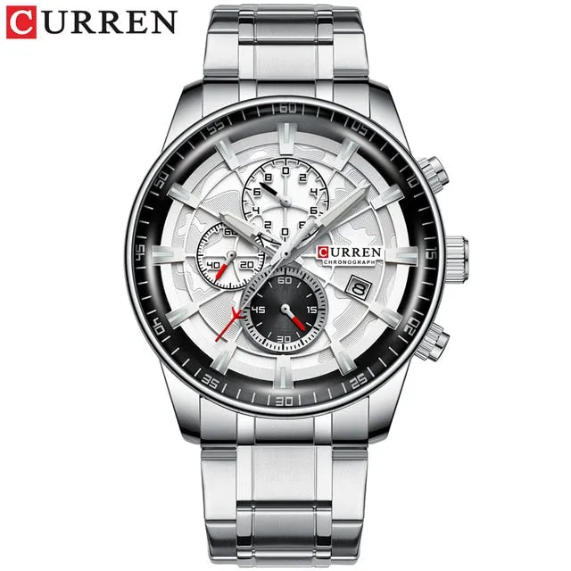 Luxury Mens Watches CURREN Stainless Steel Multi-function Chronograph Quartz Wristwatch Relogio Masculino
