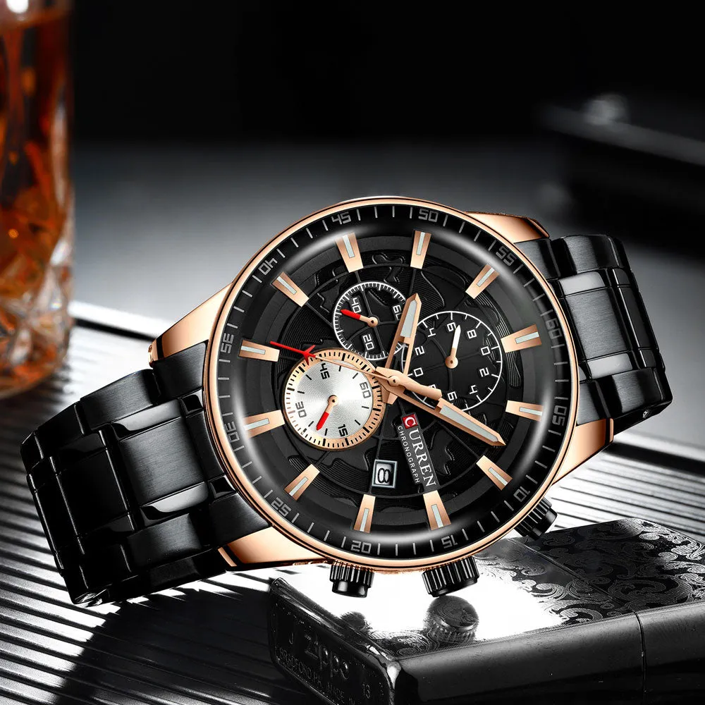 Luxury Mens Watches CURREN Stainless Steel Multi-function Chronograph Quartz Wristwatch Relogio Masculino