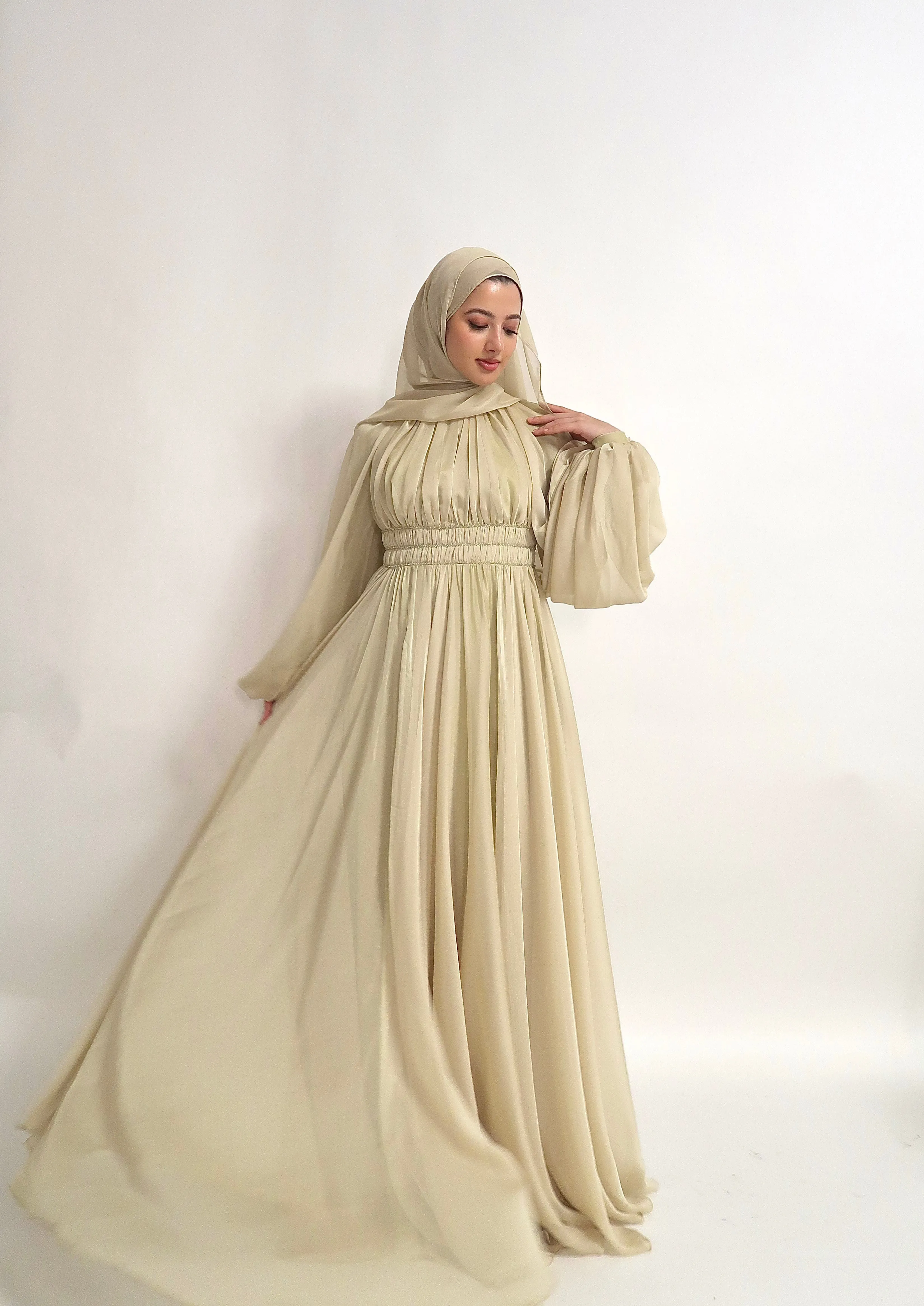 Melon Green Kaftan Beaded Belt Gown