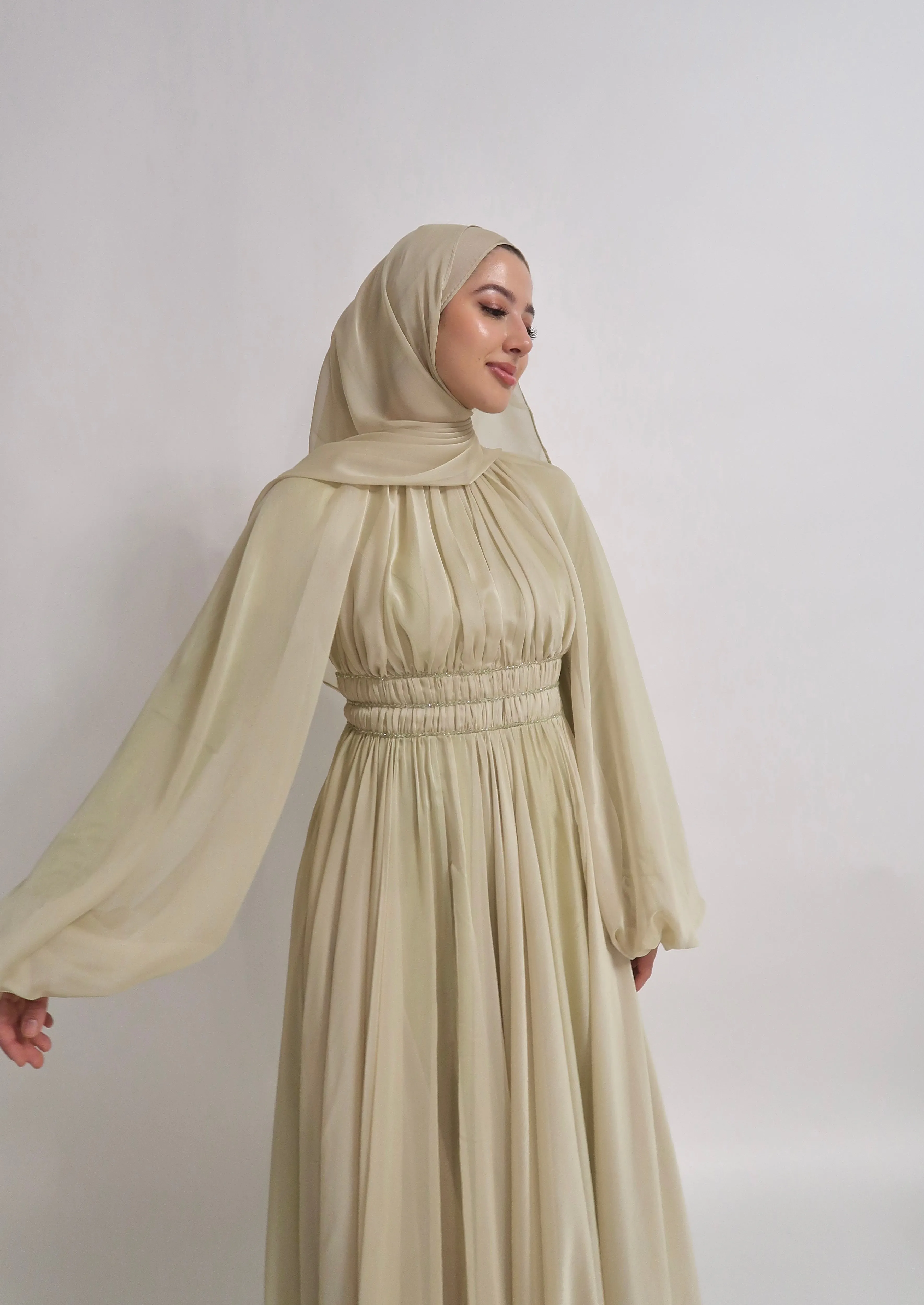 Melon Green Kaftan Beaded Belt Gown