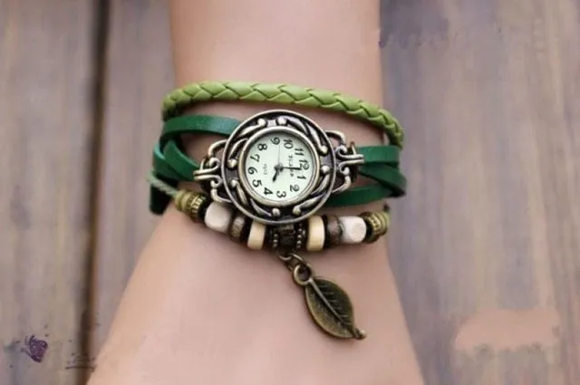Montres Femmes 2018 Diamond Bracelet Watches Women 1PC Womens Bracelet Vintage Weave Wrap Quartz Leather Leaf Beads Wrist Watch