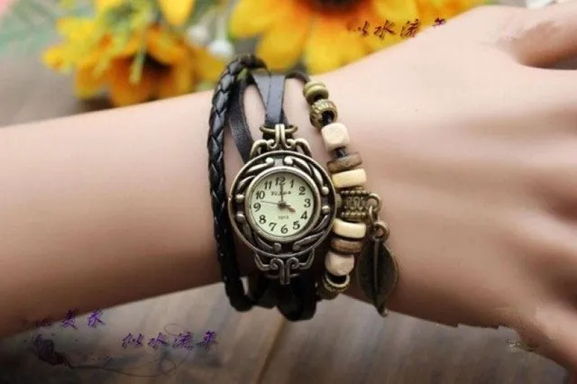Montres Femmes 2018 Diamond Bracelet Watches Women 1PC Womens Bracelet Vintage Weave Wrap Quartz Leather Leaf Beads Wrist Watch