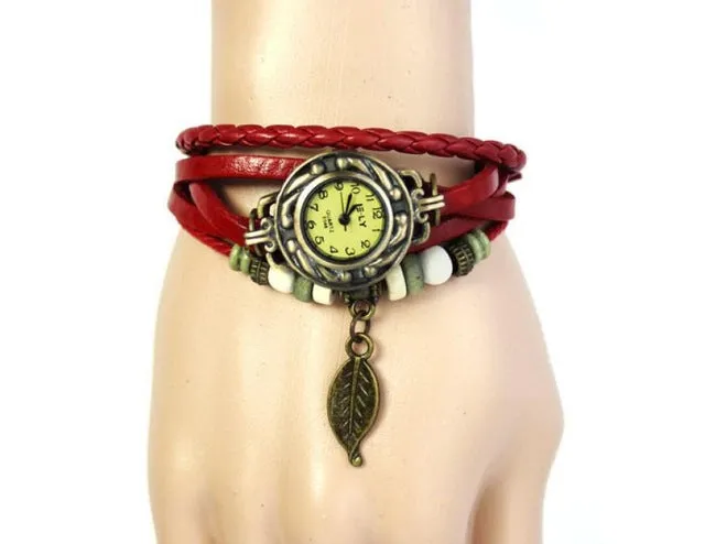 Montres Femmes 2018 Diamond Bracelet Watches Women 1PC Womens Bracelet Vintage Weave Wrap Quartz Leather Leaf Beads Wrist Watch
