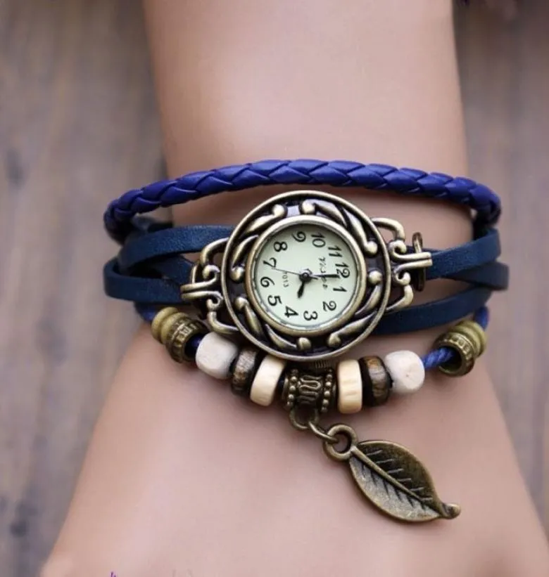 Montres Femmes 2018 Diamond Bracelet Watches Women 1PC Womens Bracelet Vintage Weave Wrap Quartz Leather Leaf Beads Wrist Watch