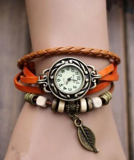 Montres Femmes 2018 Diamond Bracelet Watches Women 1PC Womens Bracelet Vintage Weave Wrap Quartz Leather Leaf Beads Wrist Watch