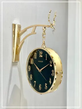 Prakal Home Decor Double Sided Round Wall Mount Station Clocks Watchs Double Face Wall Clock Vintage Retro Metal Frame Glass Dial Cover (W4-Gold)