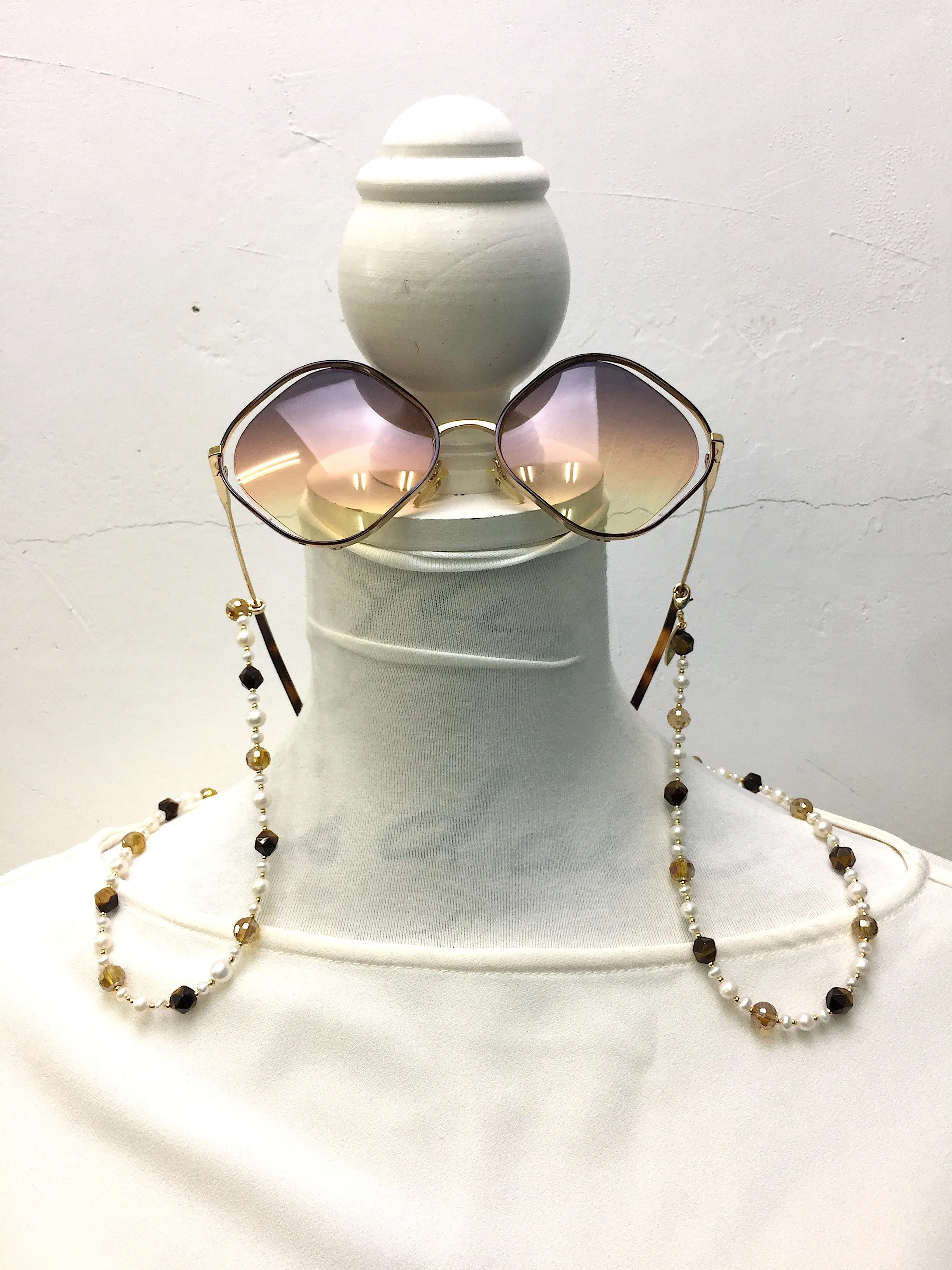 Removable Freshwater Pearls , Tiger Eye & Crystals Glasses Chain EC005