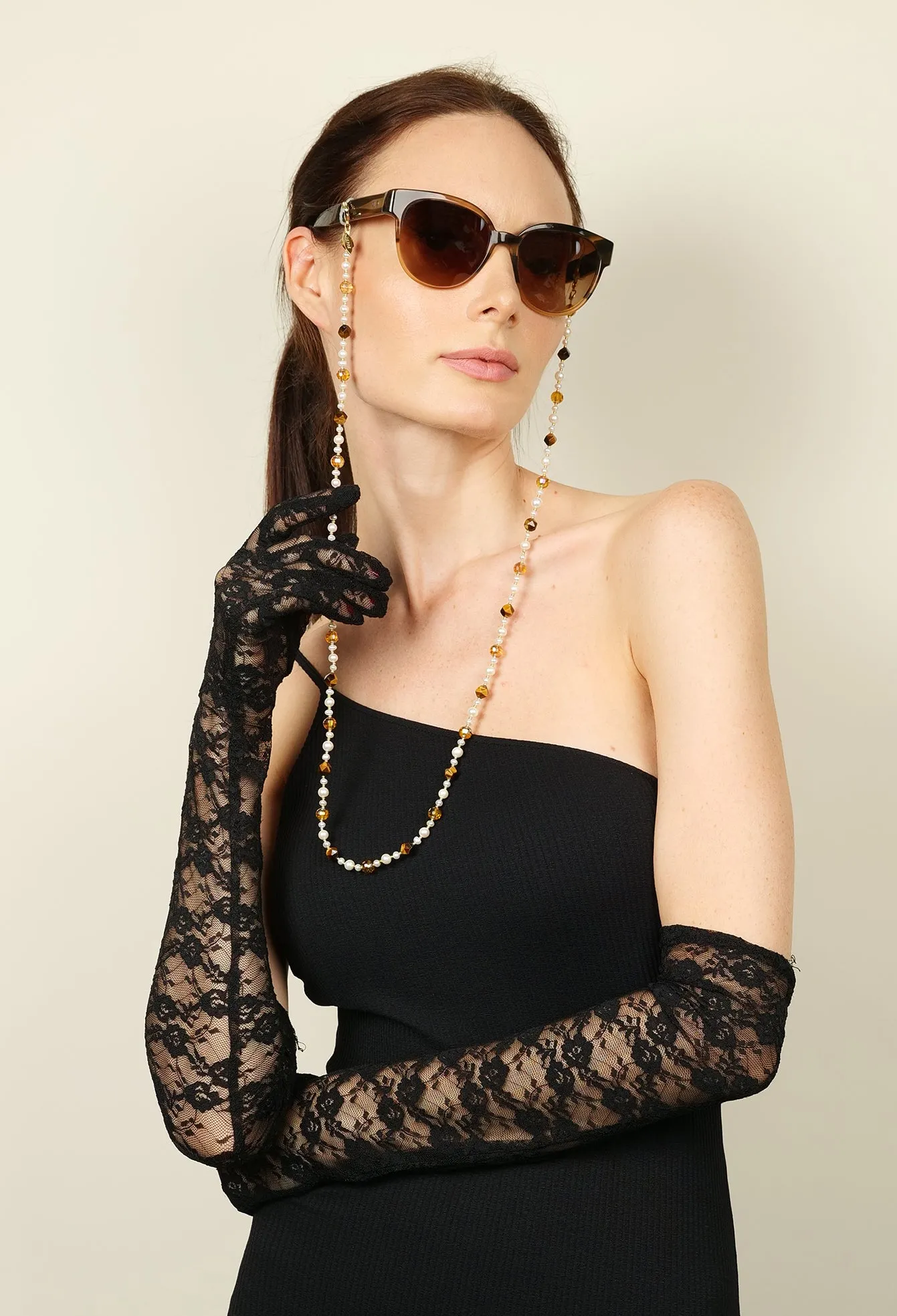 Removable Freshwater Pearls , Tiger Eye & Crystals Glasses Chain EC005