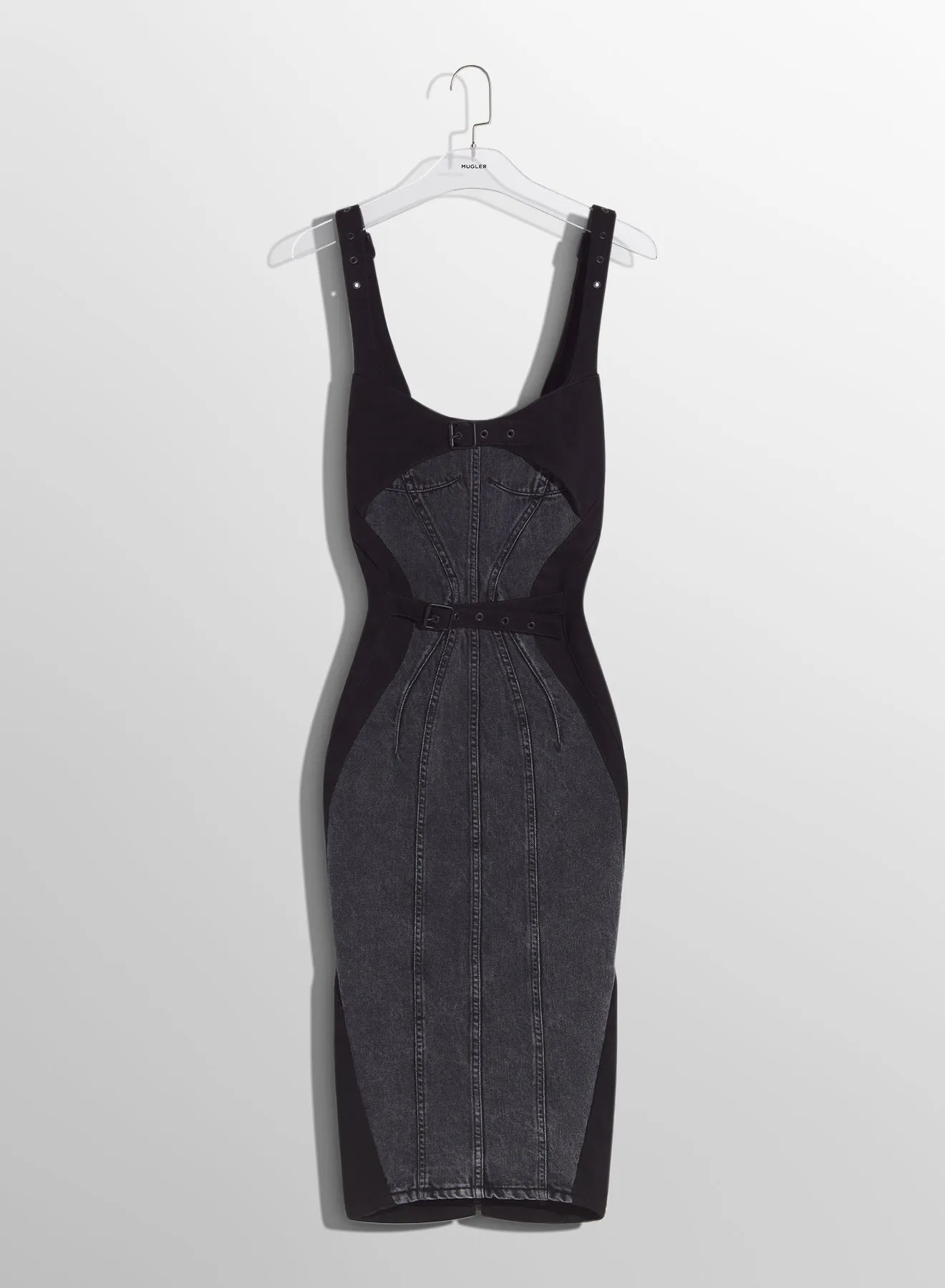 washed black buckled denim dress