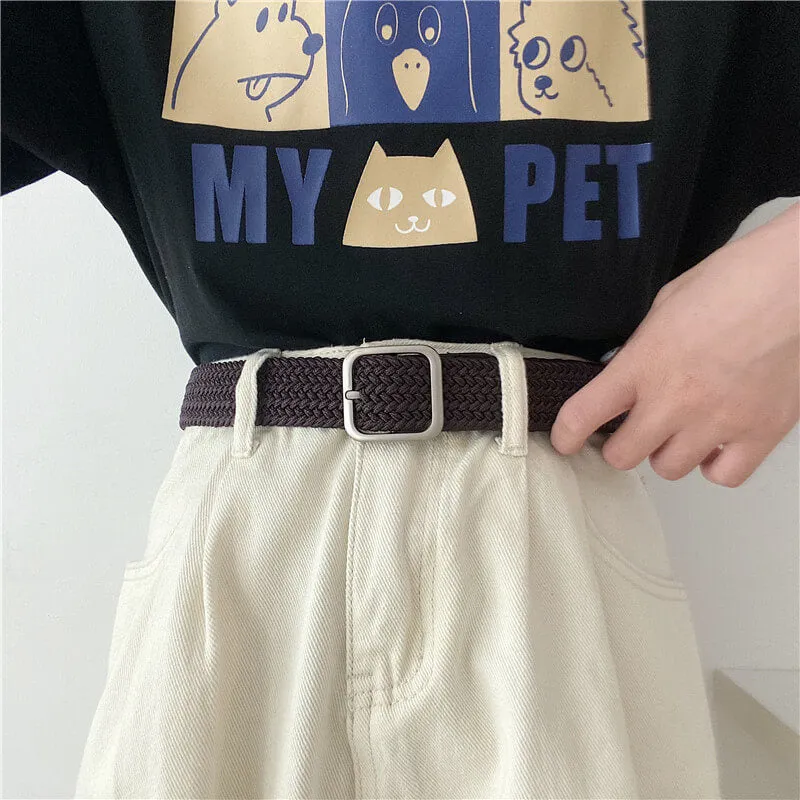 Wide Braided Belt Square Buckle
